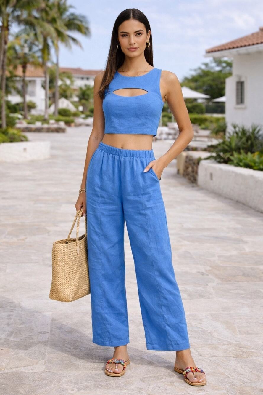 Yellow The Label Yllw Set Wide Leg Pants Crop Blue Vacation Co-Ord Medium Small